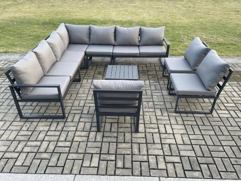 Fimous 10 Seater Patio Outdoor Garden Furniture Aluminium Lounge Corner Sofa Set with Square Coffee Table Dark Grey