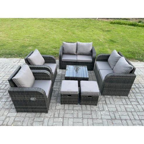 Fimous Garden Furniture Set Rattan Outdoor Lounge Sofa Chair With Tempered Glass Table 2 Small Footstools Dark Grey Mixed