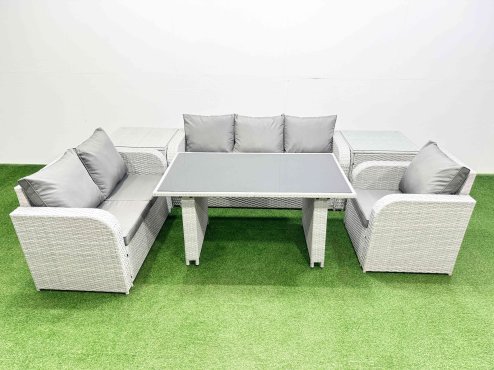 Fimous Rattan Outdoor Table Reclining Chair Sofa Set with 2 Side Tables Light Grey 6 Seater