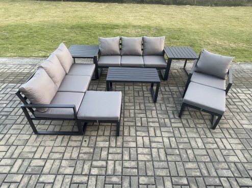 Fimous Aluminium 8 Pieces Garden Furniture Set with Cushions 9 Seater Outdoor Patio Lounge Sofa Set with Armchair 2 Big Footstools 2 Side Tables Dark Grey