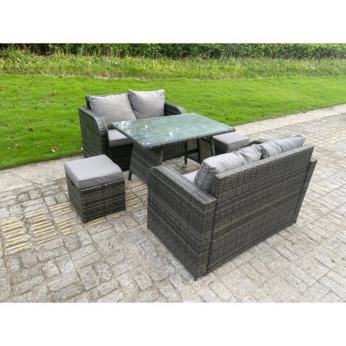 Fimous Rattan Garden Furniture Set 2 Seater Curved Arm Double Love Sofa Sofa Oblong Dining Table