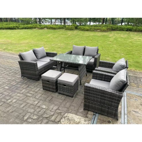 Fimous 8 Seater Outdoor Dark Grey Mixed High Back Rattan Sofa Dining Table Set Garden Furniture Love Sofa Chair 2Stools