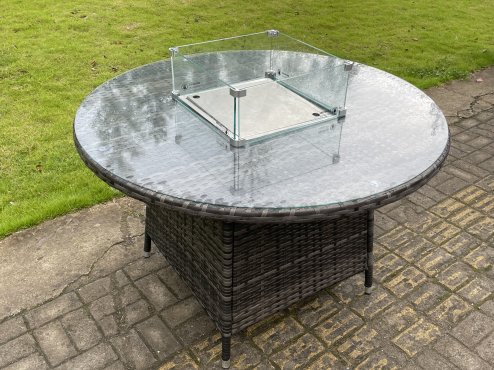 Fimous Outdoor Rattan Garden Furniture Set Gas Fire Pit Round Table Sets Gas Heater with 4 Seater Dining Cahirs Dark Grey Mixed