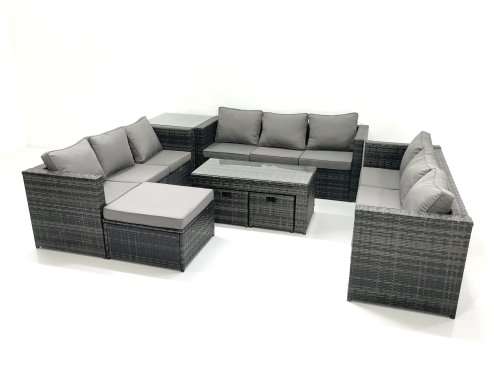 Fimous Outdoor Garden Furniture Set 8 Pieces Rattan Sofa Set with Coffee Table 3 Footstools Side Table Dark Grey Mixed