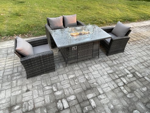 Fimous 4 Seater?Outdoor Rattan Sofa Set Garden Furniture Gas Firepit Dining Table Heater Dark Grey Mixed