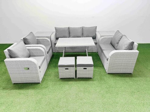 Fimous PE Rattan Garden Furniture Set Outdoor Rectangular Dining Table Sofa Set with Reclining Chair 2 Small Stool 2 Side Tables Light Grey