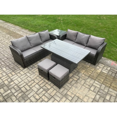 Fimous Outdoor Rattan Garden Furniture Sets Height Adjustable Rising lifting Dining Table Sofa Set with Side Table 2 Small Footstools Dark Grey Mixed