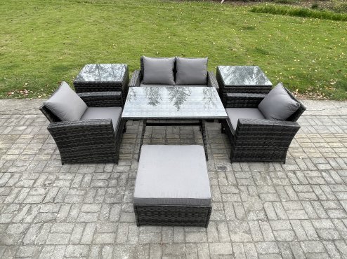 Fimous 5 Seater Outdoor Garden Furniture High Back Rattan Sofa Dining Table Set with 2 SideTables Big Footstool Dark Grey Mixed