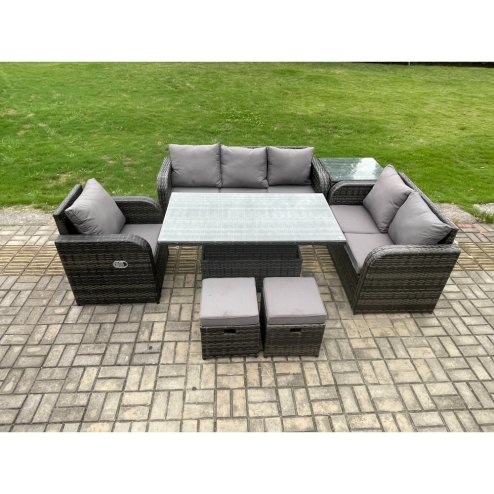 Fimous Outdoor Rattan Furniture Garden Dining Set Patio Height Adjustable Rising lifting Table Reclining Chair Sofa With Side Table 2 Small Footstools Dark Grey Mixed