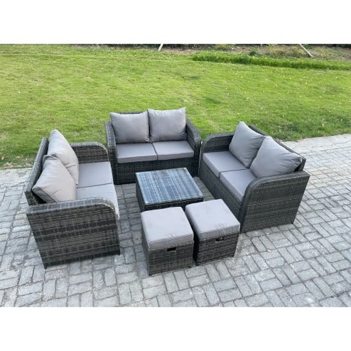 Fimous 8 Seater Outdoor Garden Furniture Sets Wicker Rattan Furniture Sofa Sets with Square Coffee Table Love seat Sofa 2 Small Footstools