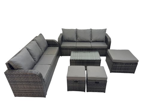 Fimous Outdoor 3 Seater Sofa Coffee Table Set Garden Rattan Furniture Set 9 Seater with 3 Stool Dark Grey