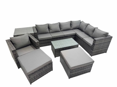 Fimous Patio Sofa Oblong Coffee Table Set Rattan Garden Furniture Set with 2 Big Stools Chair Side Table Dark Grey Mixed