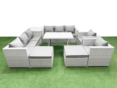 Fimous 10 Seater Garden Furniture Set PE Ratten Garden Sofa Set with Rectangular Dining Table 2 Big Stool Side Table Light Grey