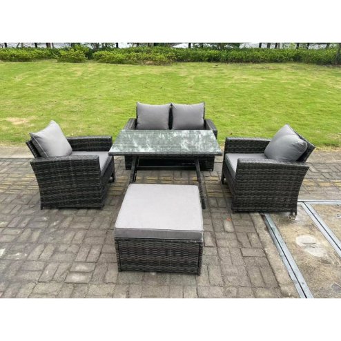 Fimous 5 Seater Outdoor Dark Grey Mixed High Back Rattan Sofa Dining Table Set Garden Furniture Big Footstool