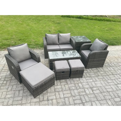 Fimous 7 Seater Rattan Lounge Sofa Set Outdoor Garden Furniture Set with Rectangular Coffee Table Love Sofa Side Table 3 Footstools Dark Grey Mixed