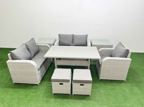 Fimous High Back Poly Rattan Garden Furniture Set with Reclining Chair Loveseat Sofa Rectangular Dining Table Indoor Outdoor Patio Set 2 Stool 2 Side Table Light Grey