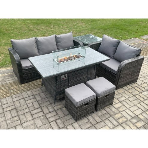 Fimous PE Wicker Outdoor Rattan Garden Furniture Set Propane Gas Fire Pit Table and Sofa set with Side Table 2 Small Footstools