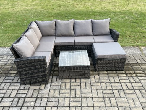 Fimous Rattan Garden Furniture Set Outdoor Lounge Corner Sofa Set With Square Coffee Table Big Footstool 7 Seater Dark Grey Mixed