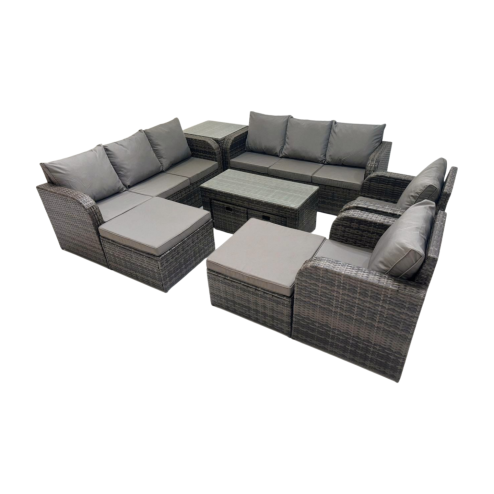Fimous Rattan Garden Outdoor Furniture Set 3 Seater Sofa Reclining Chair Coffee Table with 4 Footstools Side Table Dark Grey Mixed