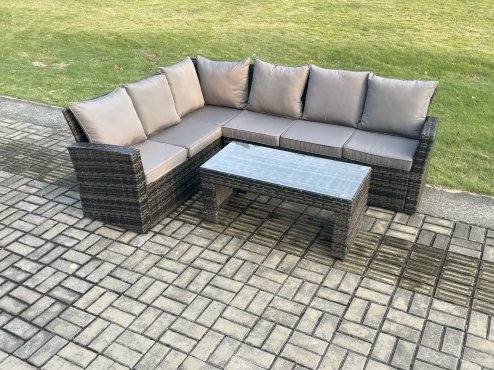 Fimous 6 Seat Rattan Garden Furniture Corner Sofa Set Outdoor Patio Sofa Table Set Dark Grey Mixed