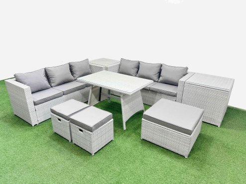 Fimous Rattan Garden Furniture Dining Set 9-seater Patio Rectangular Table 3 Seater Sofa Set with 2 Side Tables 3 Stools Light Grey