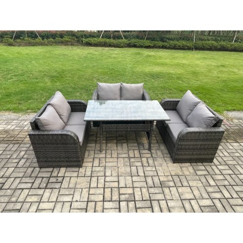 Fimous Wicker PE Rattan Sofa Outdoor Garden Furniture Set with Rectangular Dining Table Dark Grey Mixed