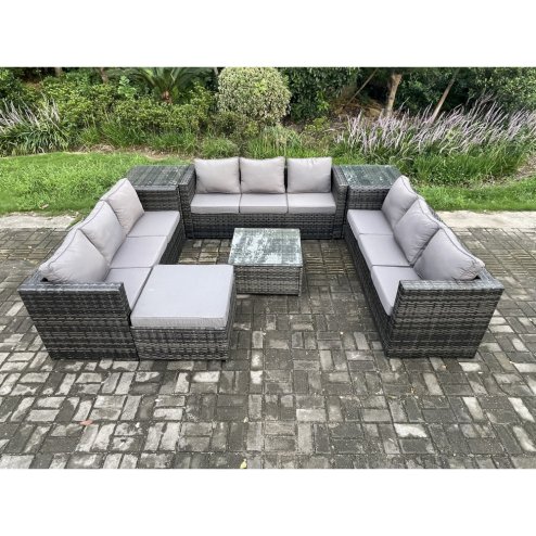 Fimous Outdoor Rattan Garden Furniture Set 10 Seater Patio Lounge Sofa Set with 2 Side Tables Square Coffee Table Big Footstool Dark Grey Mixed