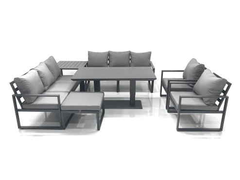 Fimous Garden Sofa Set Aluminium Furniture Rising Dining Tabe Set with 2 Chair Big Footstool Side Table Dark Grey