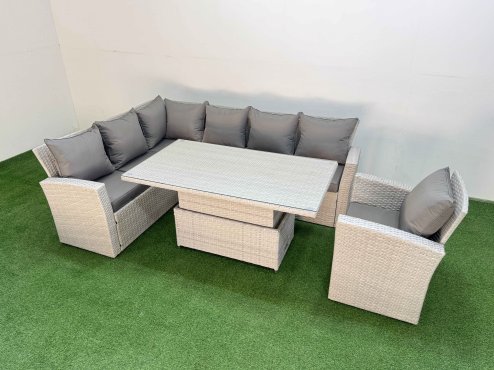 Fimous 7 Seat Rattan Outdoor Garden Furniture Corner Sofa Set Adjustable Lifting Dining or Coffee Table Set with Armchair Light Grey