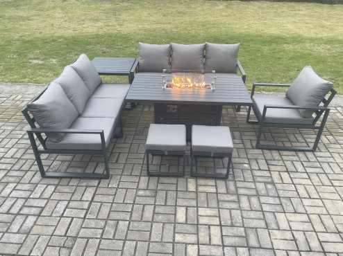 Fimous Aluminium 7 Pieces Garden Furniture Sofa Set with Cushions 9 Seater Gas Fire Pit Dining Table Set with Side Table 2 Small Footstools Dark Grey