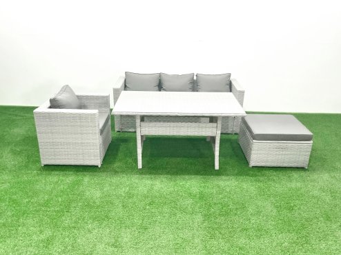 Fimous Garden Dining Set Outdoor Rattan Furniture Set with Sofa Dining Table Big Footstool Light Grey Mixed