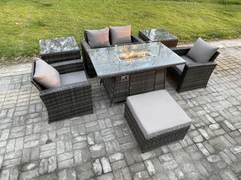Fimous 5 Seater?Outdoor Rattan Sofa Set Garden Furniture Gas Firepit Dining Table Heater with 2 Side Tables Big Footstool Dark Grey Mixed