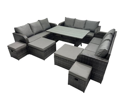 Fimous 13 Seater Garden Outdoor Rattan Furniture Set Rattan Sofa Oblong Dining Table with 4 Footstools Dark Grey