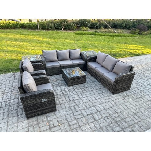Fimous High Back Rattan Garden Furniture Set with Square Coffee Table 2 Side Tables Indoor Outdoor Patio Lounge Sofa Set Dark Grey Mixed