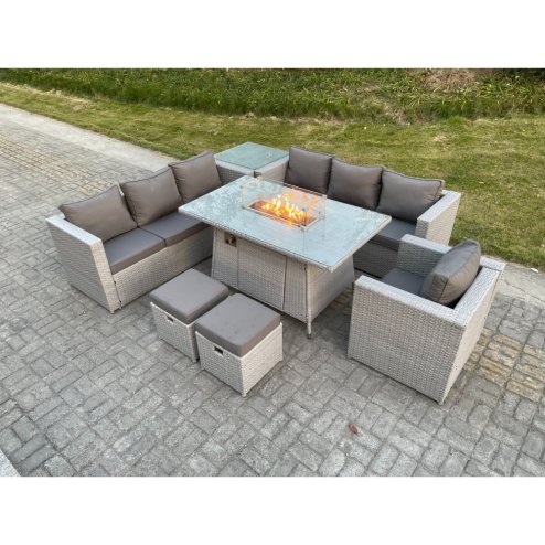 Fimous Light Grey Rattan Fire Pit Garden Furniture Dining Table Set Gas Heater Burner Lounge Sofa With Side Coffee Table