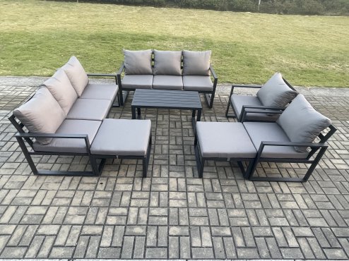 Fimous Aluminium Outdoor Garden Furniture Lounge Sofa 2 PC Chairs Oblong Coffee Table Sets with 2 Big Footstools Dark Grey