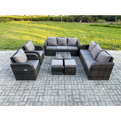 Fimous High Back Rattan Garden Furniture Set with Square Coffee Table 2 Small Footstools Indoor Outdoor Patio Lounge Sofa Set Dark Grey Mixed