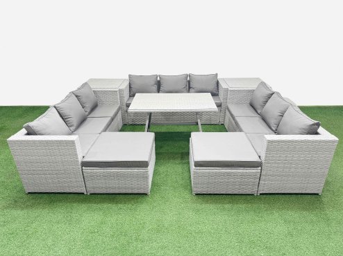 Fimous 11 Seat Outdoor Patio PE Rattan Garden Furniture with Cushions 3 Seater Sofa 2 Side Tables 2 Big Stools Light Grey