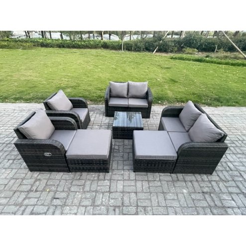 Fimous 8 Seater High Back Rattan Garden Furniture Set with Square Coffee Table 2 Big Footstool Love Sofa Reclining Chair Indoor Outdoor Patio Lounge Sofa Set Dark Grey Mixed