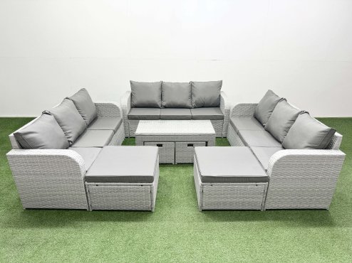 Fimous Outdoor Garden Furniture Set PE Rattan 3 Seater Sofa Set with Oblong Coffee Table 4 Footstools Light Grey