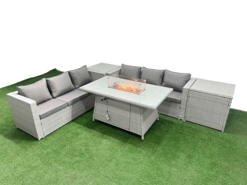 Fimous PE Rattan Lounge Sofa Set Outdoor Garden Furniture Set with Firepit Dining Table 3 Seater Sofa 2 Side Table Light Grey