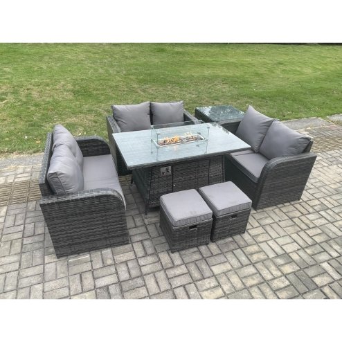 Fimous Rattan Outdoor Garden Furniture Sofa Set Gas Fire Pit Dining Table Gas Heater with Side Tables Love Sofa 2 Small Footstools Dark Grey Mixed