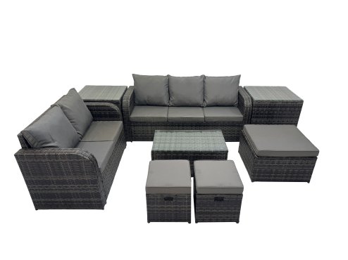Fimous Outdoor Love Sofa 3 Seater Sofa Coffee Table Set Garden Rattan Furniture Set 8 Seater with 2 Side Tables 3 Stools Dark Grey