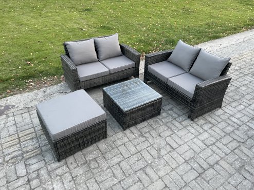 Fimous Rattan Garden Furniture Set 4 piece Patio Rattan Furniture Sofa Weaving Wicker includes 2 Double Seat Sofa, Coffee Table and Big Footstool
