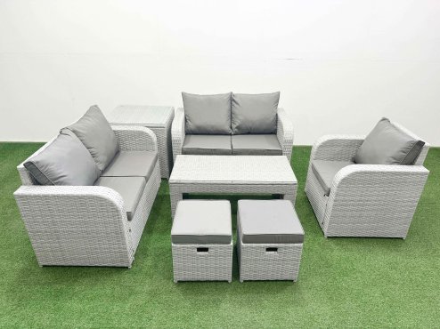 Fimous High Back Poly Rattan Garden Furniture Set with Reclining Chair Loveseat Sofa Oblong Coffee Table Indoor Outdoor Patio Set 2 Stool Side Table Light Grey