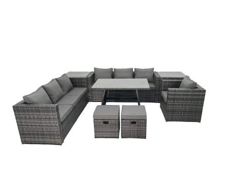 Fimous Rattan Dining Table Sofa Set with 2 Side Tables 2 Small Footstools Outdoor 9 Seat Garden Furniture Set Dark Grey Mixed