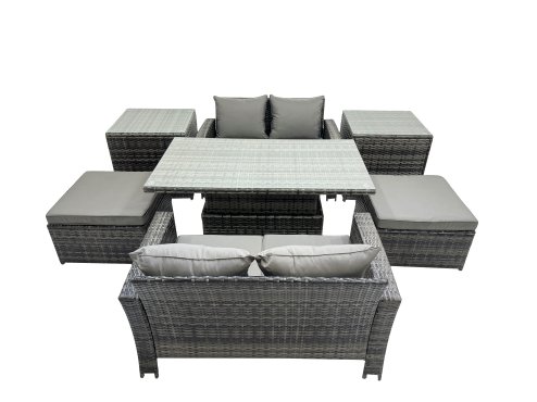 Fimous Outdoor Love Sofa Set 6 Seat Rattan Garden Furniture Set with Adjustable Lifting Dining or Coffee Table Big Stool Dark Grey Mixed