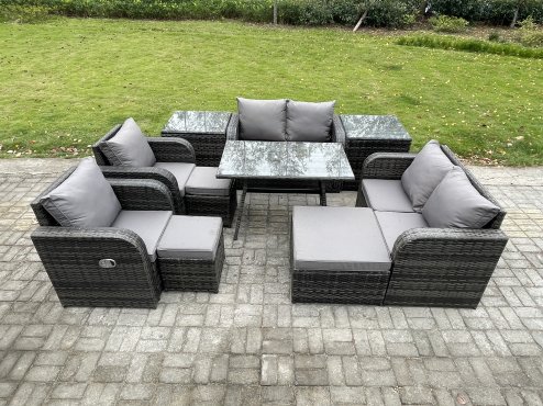 Fimous 9 Seater Wicker PE Rattan Garden Dining Set Outdoor Furniture Sofa with Rectangular Dining Table 2 Side Tables 3 Footstools Dark Grey Mixed