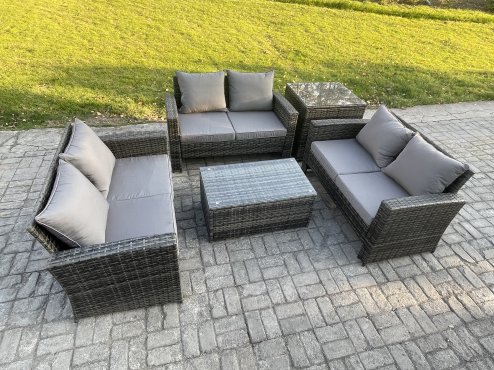 Fimous Dark Grey 6 Seater Outdoor Rattan Garden Furniture Set Patio Love Sofa Rectangular Coffee Table Set with Side Table
