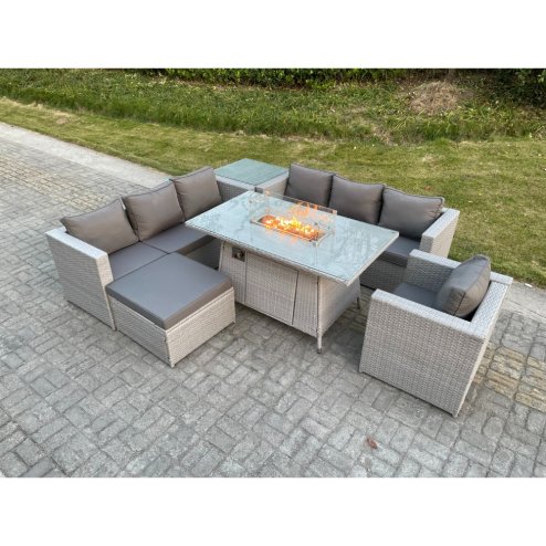 Fimous Light Grey Rattan Fire Pit Garden Furniture Set Gas Heater Burner Lounge Sofa With Side Coffee Table Big Footstool Chair
